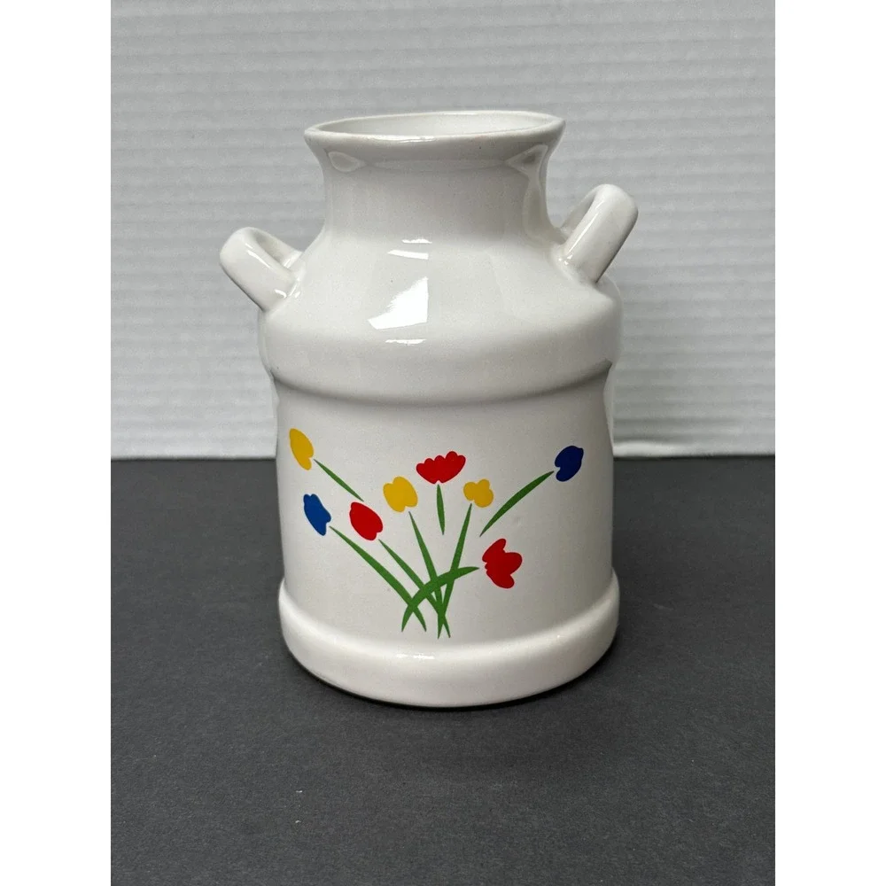 Vintage Ceramic Milk Can Vase White Floral Primary Colors Farmhouse Decor Taiwan